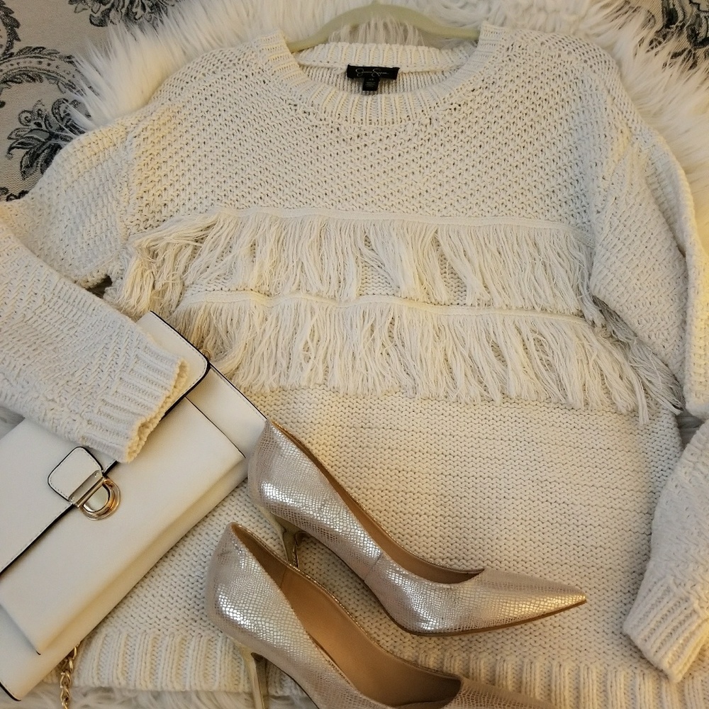 Jessica Simpson Cream Fringe Knit Sweater